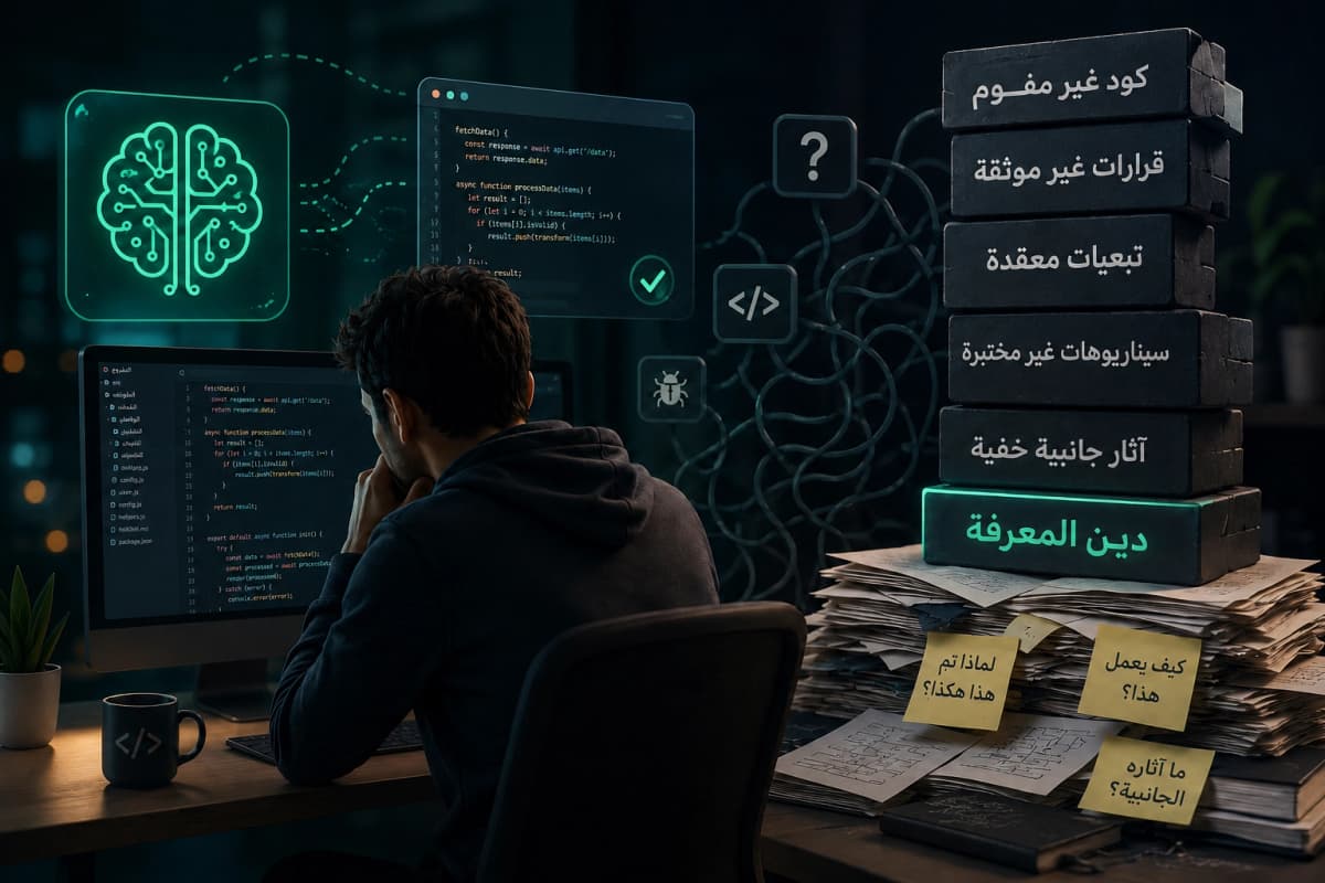 مطور يتأمل الشيفرة بجوار كومة من كتل دين المعرفة مثل الشيفرة غير المفهومة والقرارات غير الموثقة