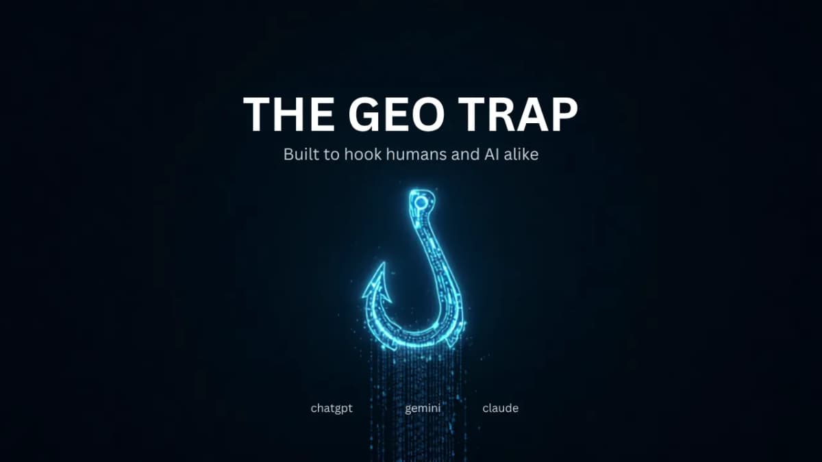 Glowing digital fishhook with the words The GEO Trap, representing content visibility in ChatGPT, Gemini and Claude