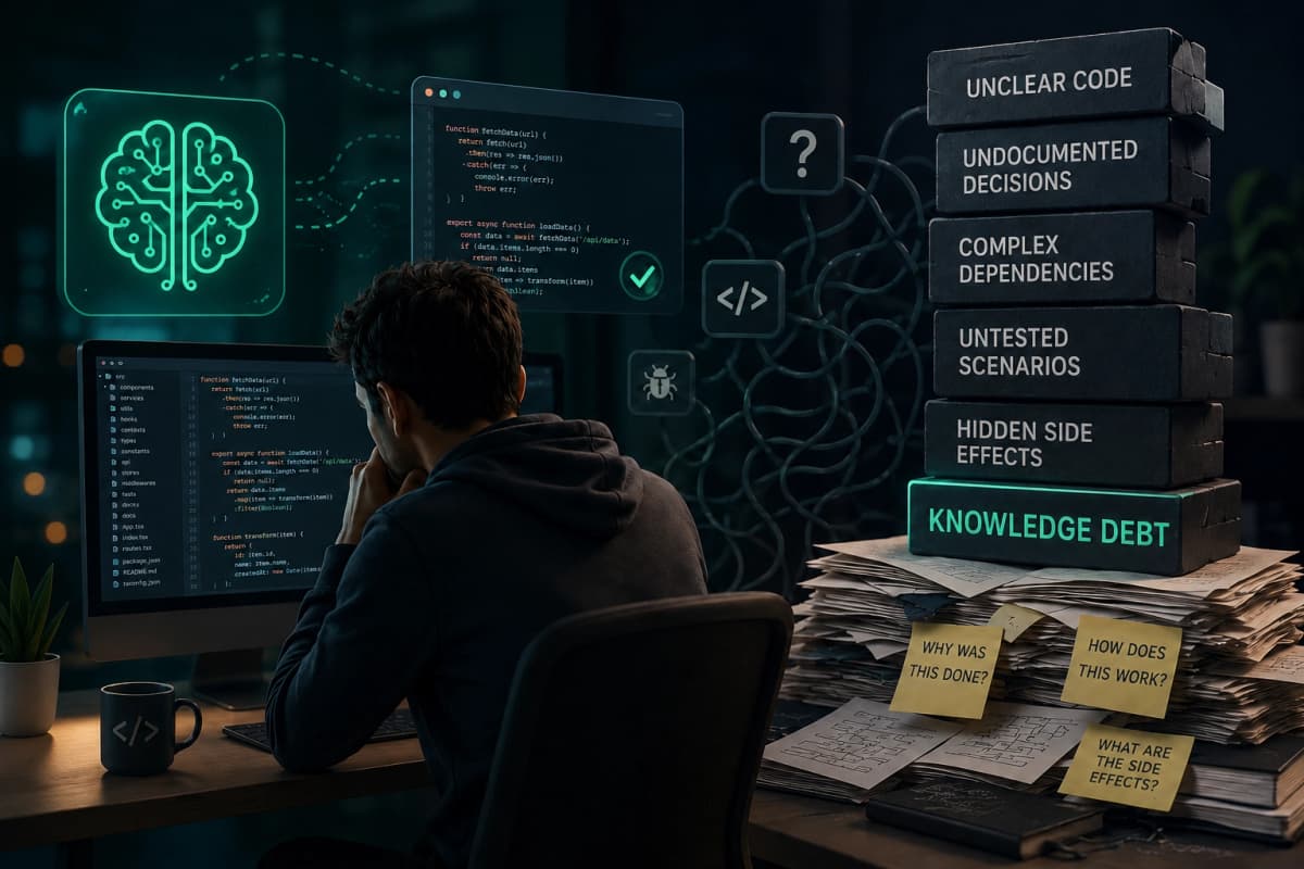 Developer looking at code beside a stack of knowledge debt blocks: unexplained code, undocumented decisions, untested scenarios Developer looking at code beside a stack of knowledge debt blocks: unexplained code, undocumented decisions, untested scenarios